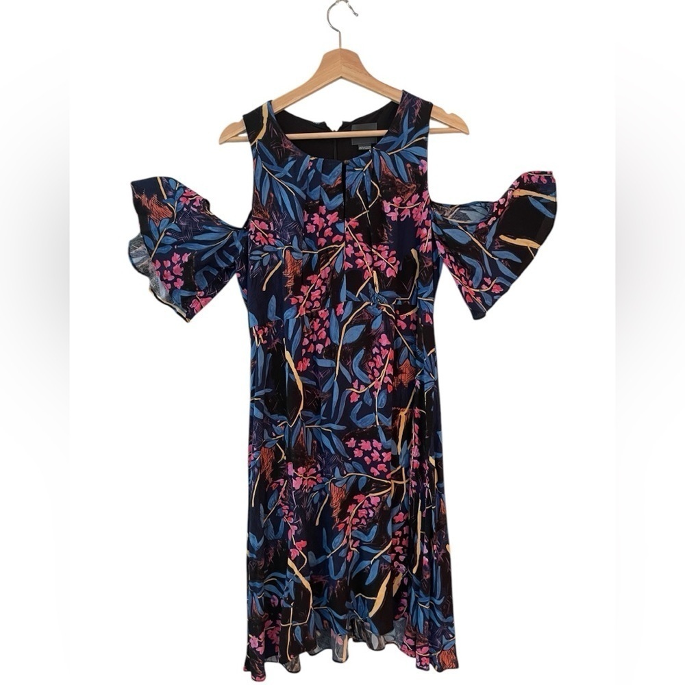 Anthropologie Maeve Open Shoulder Dress Floral Black A Line Size 10 and 6 - Picture 2 of 9
